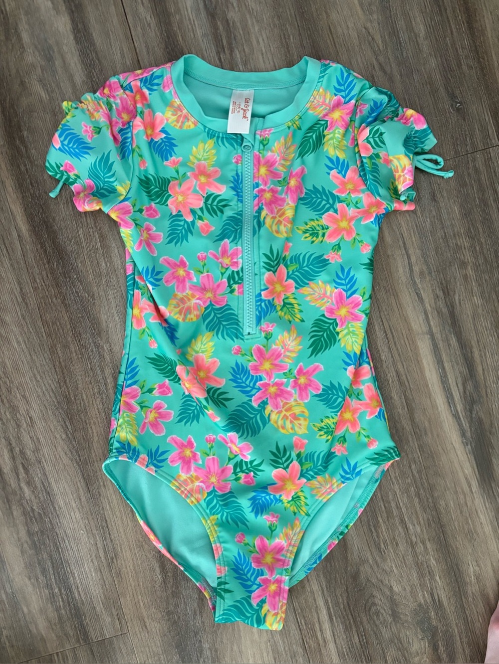 Cat & Jack Girls Floral Zip-Front Swim One-Piece - Mint Pink. Size 10/12